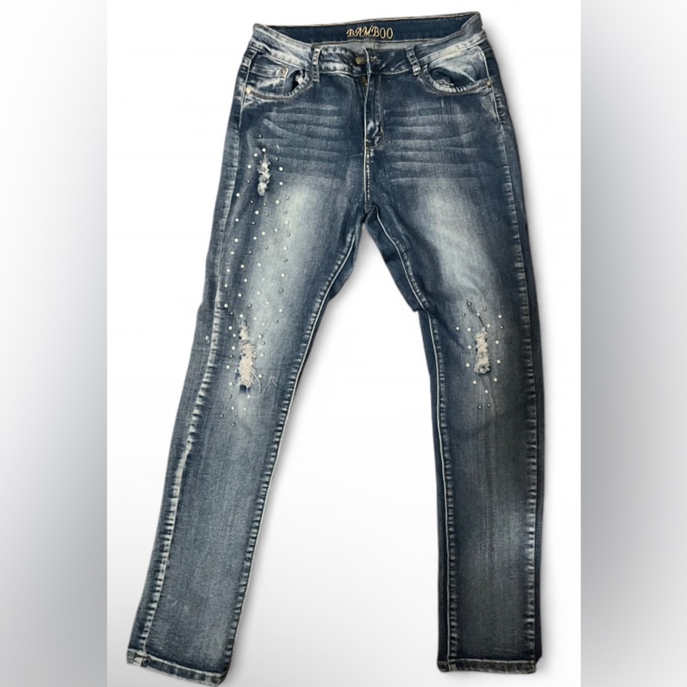 Bamboo Dark Blue Distressed Pearl Embellished Jeans Women’s Size 15/16